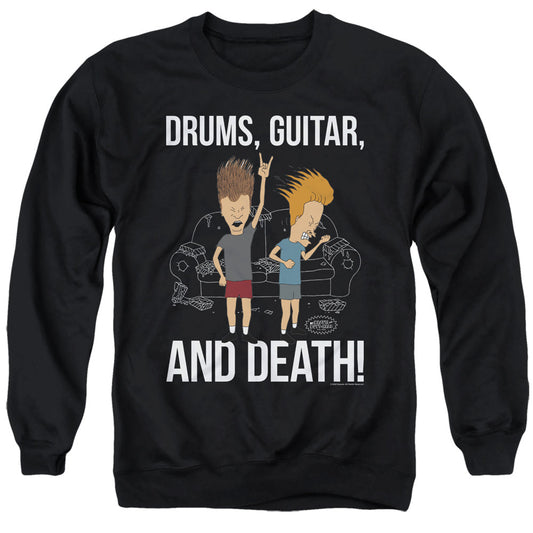 Beavis And Butthead Drums, Guitar, And Death Mens Crewneck Sweatshirt Black Officially Licensed