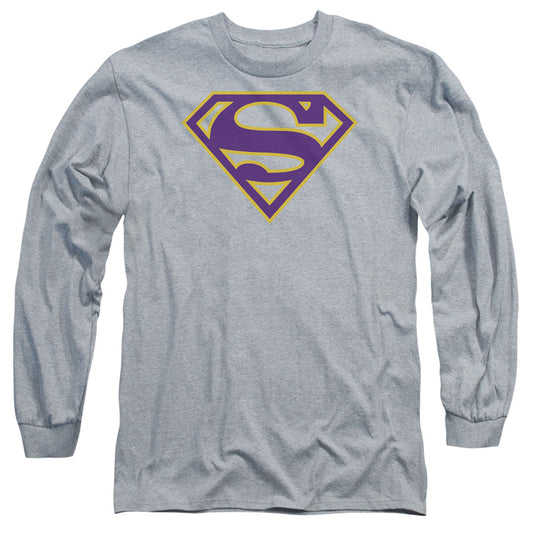 Superman Purple & Gold Shield Mens Long Sleeve Shirt Athletic Heather Officially Licensed
