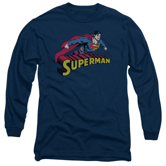 Superman Flying Over Mens Long Sleeve Shirt Navy Officially Licensed