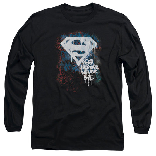 Superman Real Heroes Never Die Mens Long Sleeve Shirt Black Officially Licensed