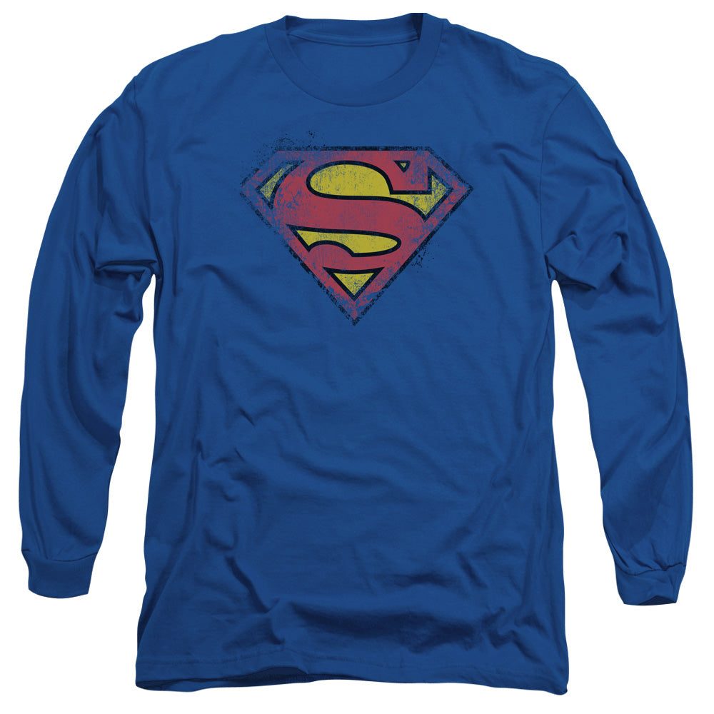 Superman Destroyed Supes Logo Mens Long Sleeve Shirt Royal Officially Licensed