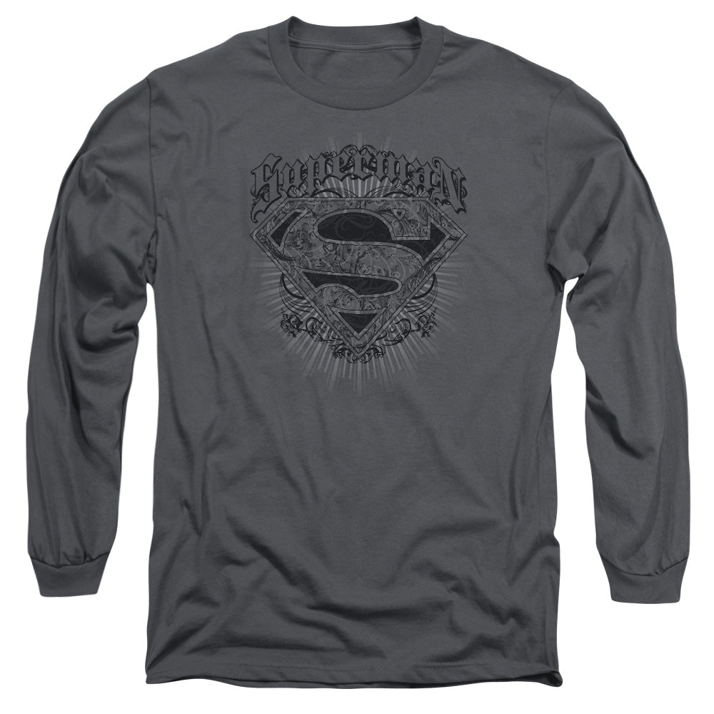 Superman Scrolling Shield Mens Long Sleeve Shirt Charcoal Officially Licensed