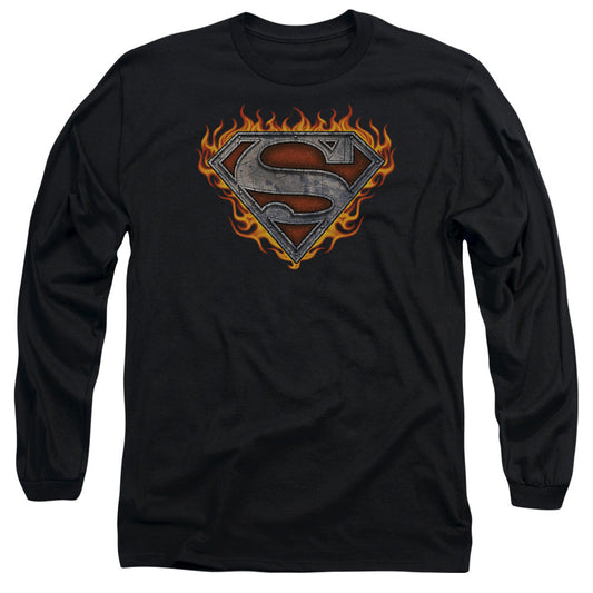 Superman Iron Fire Shield Mens Long Sleeve Shirt Black Officially Licensed