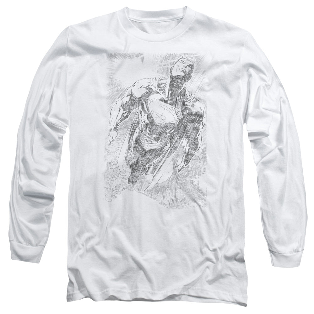 Superman Exploding Space Sketch Mens Long Sleeve Shirt White Officially Licensed