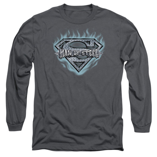 Superman Man Of Steel Shield Mens Long Sleeve Shirt Charcoal Officially Licensed