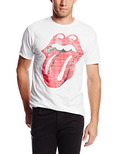 The Rolling Stones Men'S Stones Classic Distressed Tongue On White T-Shirt, White, Small [T-Shirt] - Rock Band Apparel