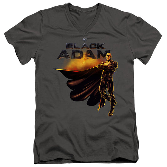 Black Adam Black Adam Logo With Character Mens Slim Fit V-Neck T Shirt Charcoal Officially Licensed