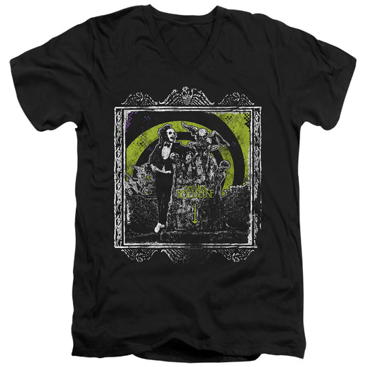 Beetlejuice Here Lies Mens Slim Fit V-Neck T Shirt Black Officially Licensed