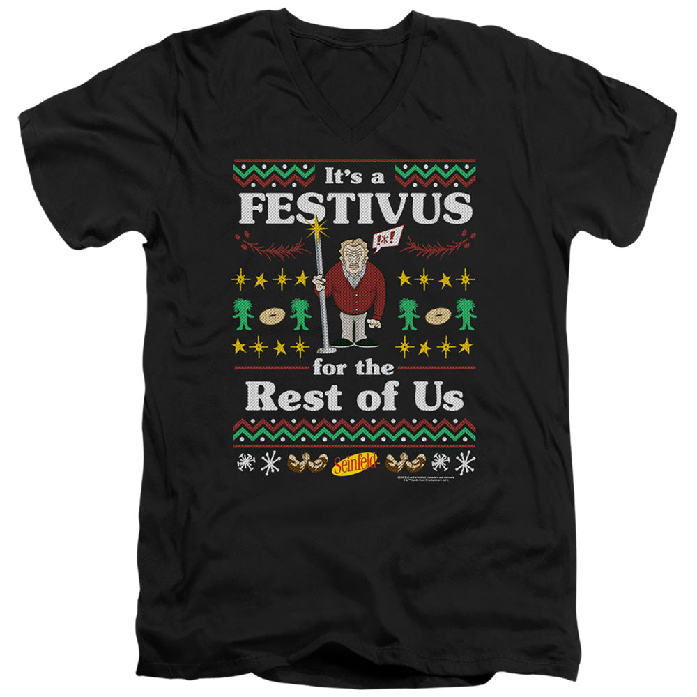 Seinfeld Festive Festivus Mens Slim Fit V-Neck T Shirt Black Officially Licensed