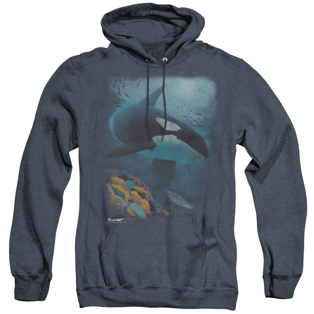 Wildlife Salmon Hunter Orca Mens Heather Hoodie Navy Officially Licensed