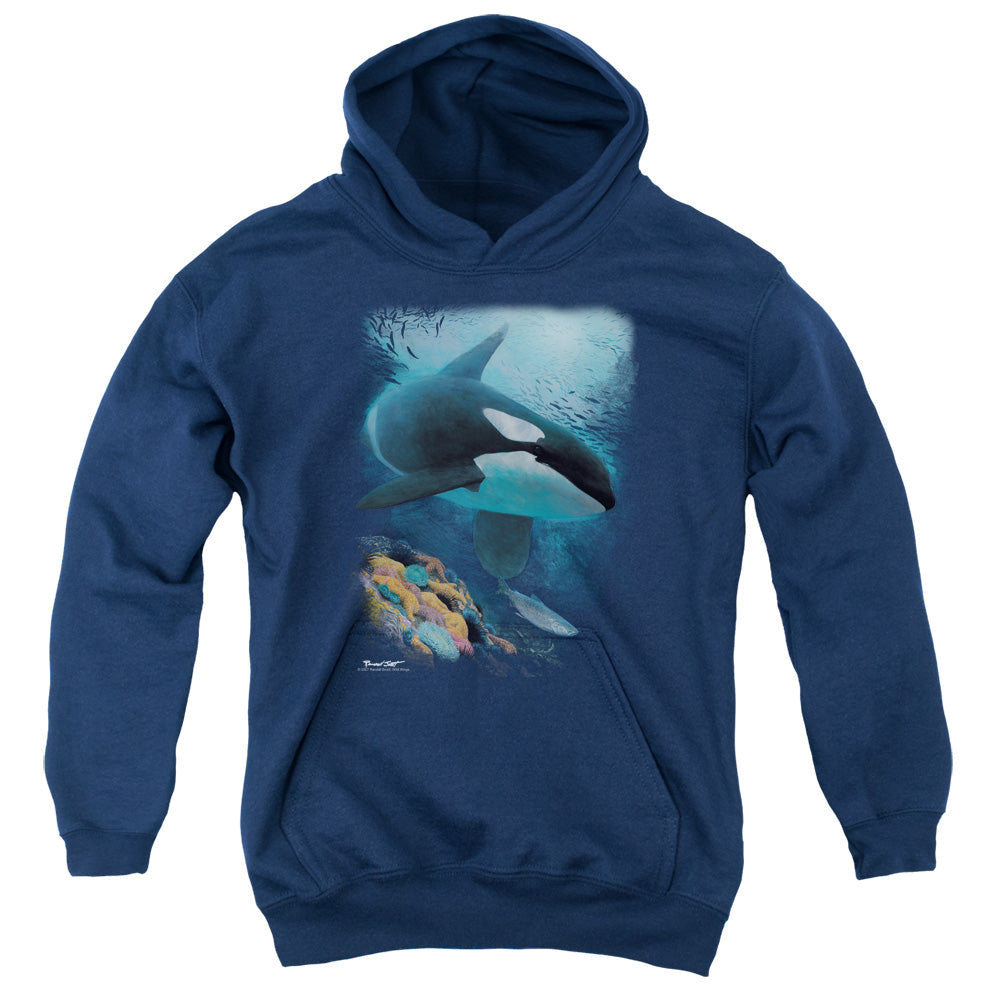 Wildlife Salmon Hunter Orca Kids Youth Hoodie Navy