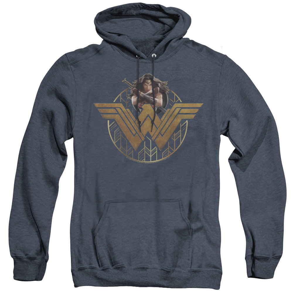 Wonder Woman Movie Power Stance And Emblem Heather Mens Hoodie Navy Blue Officially Licensed