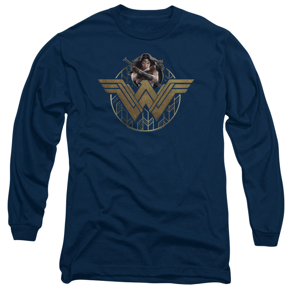 Wonder Woman Movie Power Stance And Emblem Mens Long Sleeve Shirt Navy Blue Officially Licensed