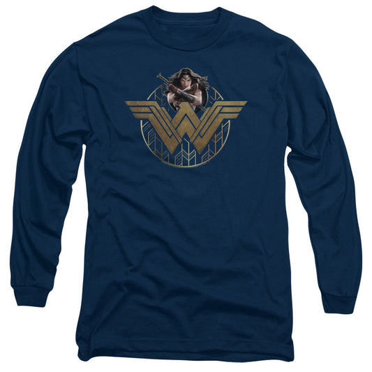 Wonder Woman Movie Power Stance And Emblem Mens Long Sleeve Shirt Navy Blue Officially Licensed