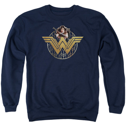 Wonder Woman Movie Power Stance And Emblem Mens Crewneck Sweatshirt Navy Blue Officially Licensed