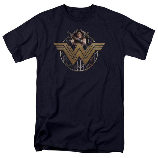 Wonder Woman Movie Power Stance And Emblem Mens T Shirt Navy Blue Officially Licensed