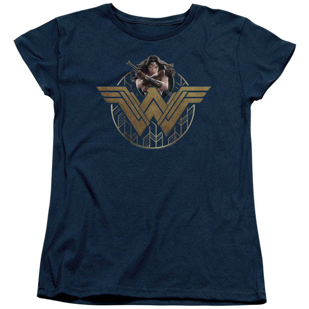 Wonder Woman Movie Power Stance And Emblem Womens T Shirt Navy Blue Officially Licensed
