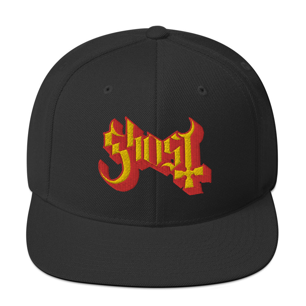 MerchMoment Ghost Yellow Logo Black Embroidered Snap Back Hat [Apparel]