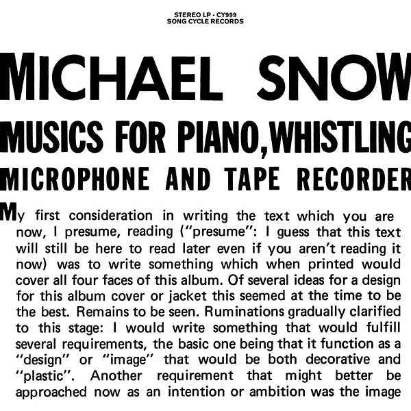 MICHAEL SNOW - Musics For Piano, Whistling, Microphone And Tape Recorder [Vinyl]