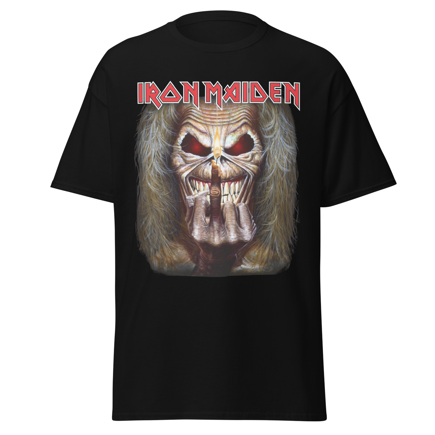 MERCHMOMENT Iron Maiden Candle Finger Jumbo Print T-Shirt [Apparel] - Rock Band Apparel