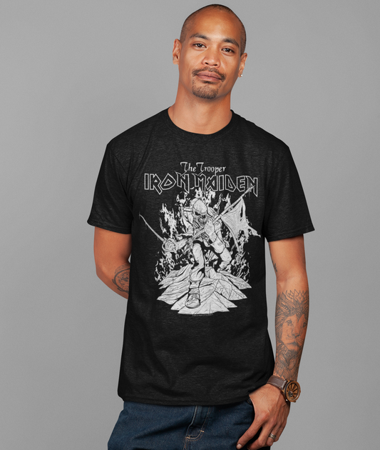 MERCHMOMENT Iron Maiden - Trooper Black and White Jumbo Print T-Shirt [Apparel] - Rock Band Apparel
