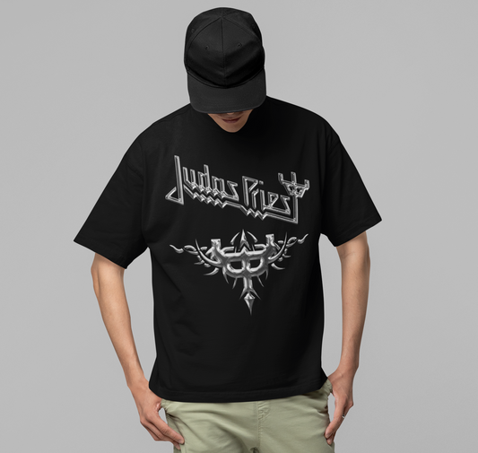 MERCHMOMENT Judas Priest - Liquid Metal Logo Jumbo Print T-Shirt [Apparel] - Rock Band Apparel