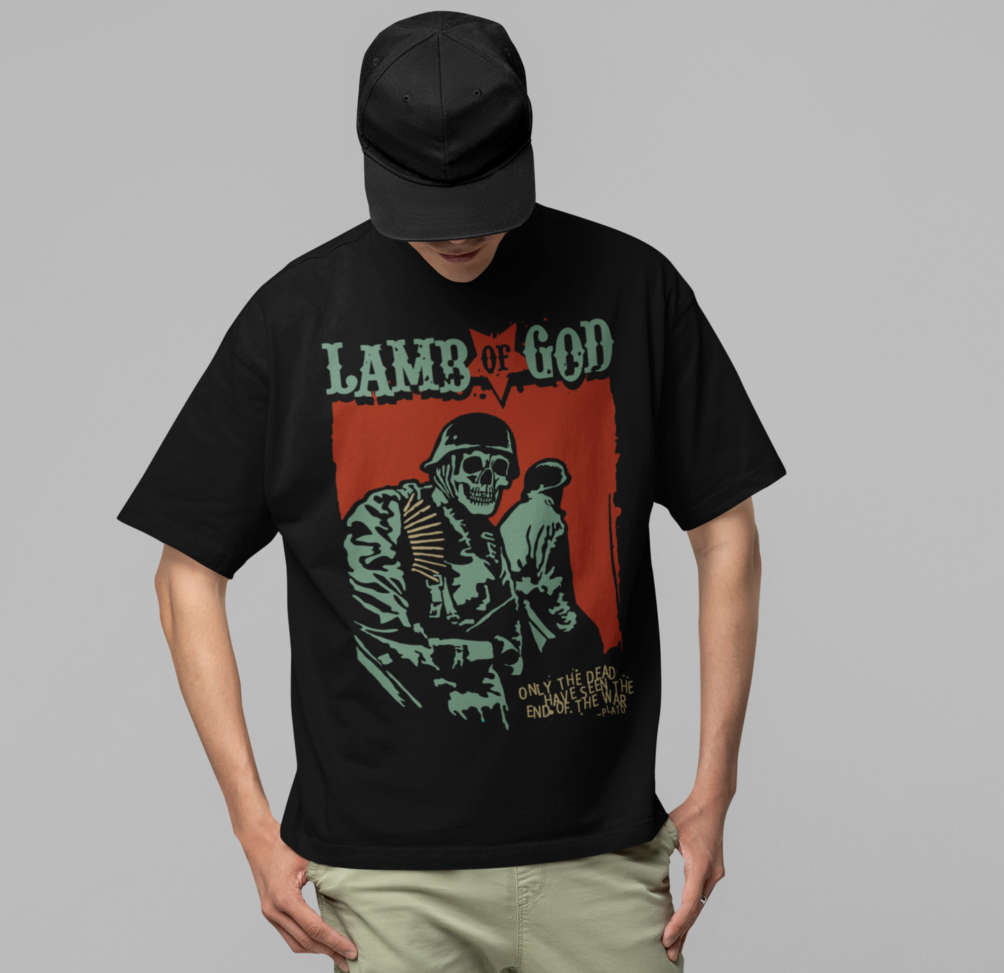 MERCHMOMENT Lamb Of God - Skeleton Army Plato Quote Jumbo Print T-Shirt [Apparel] - Rock Band Apparel