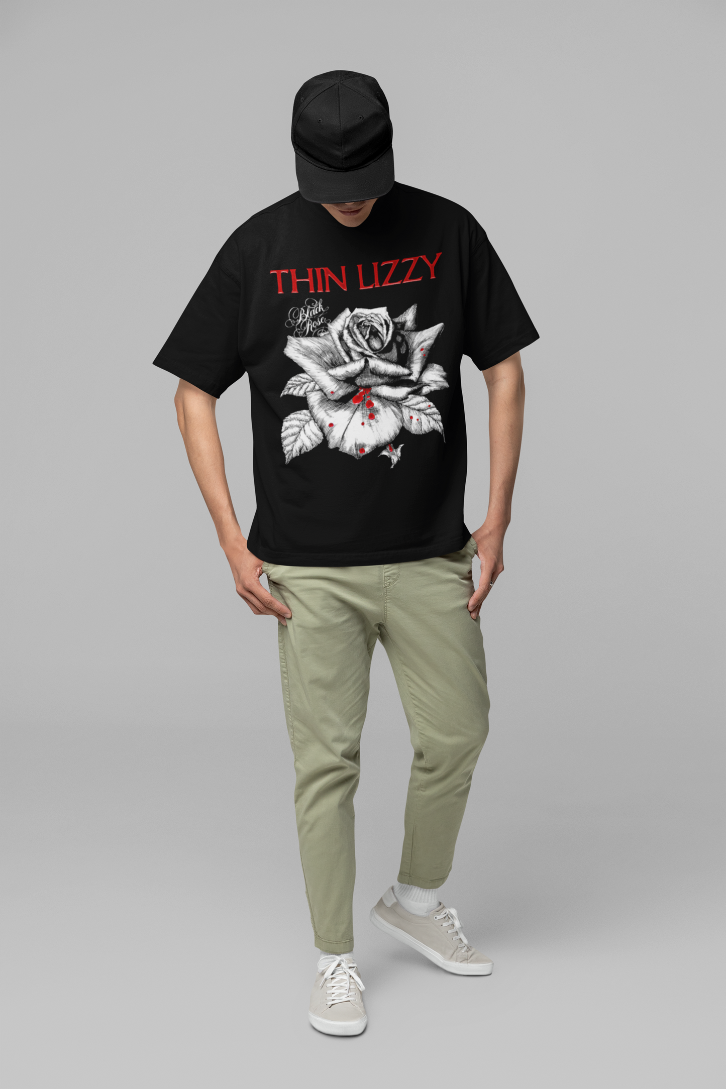 Stakes Thin Lizzy - Black Rose Jumbo Print T-Shirt [Apparel] Black